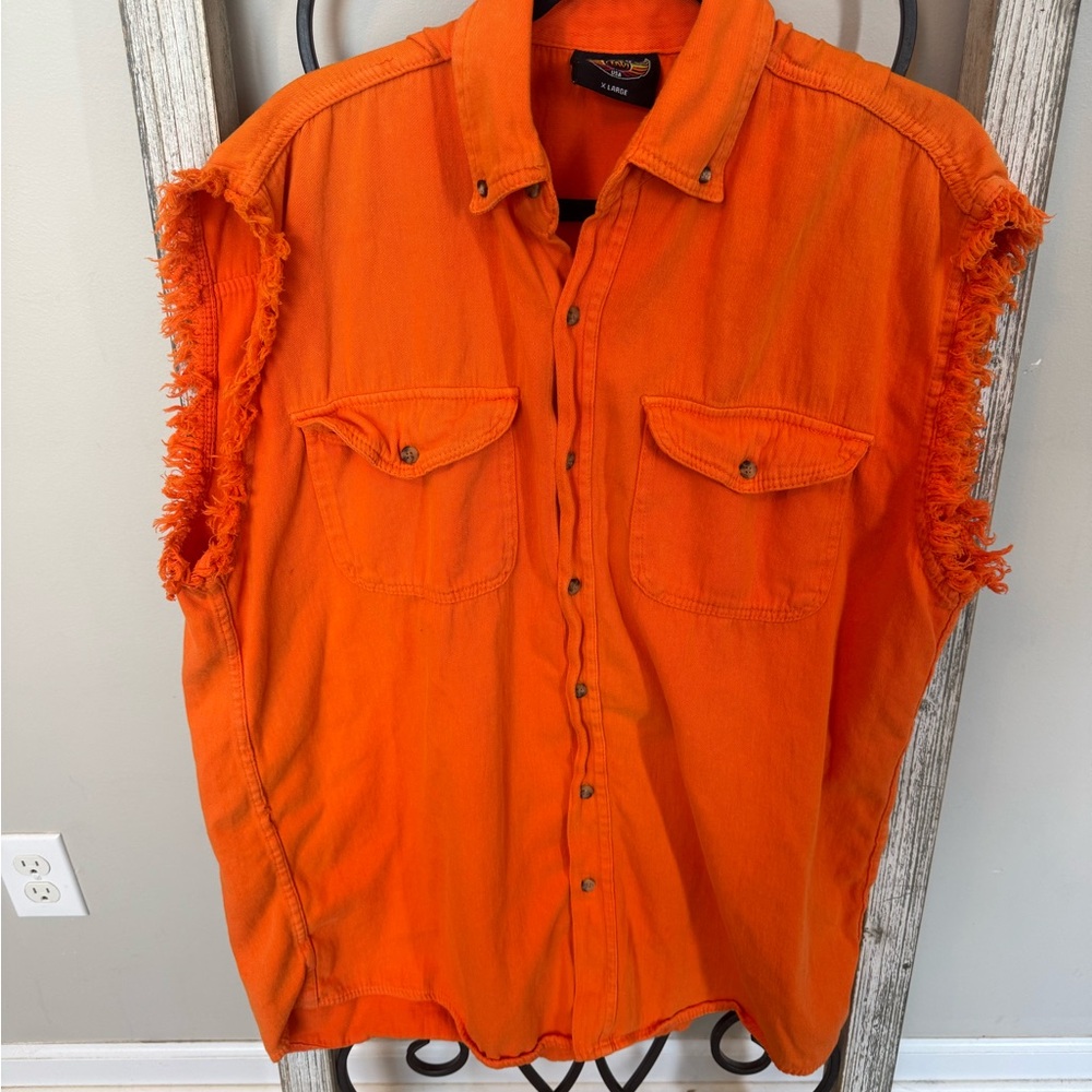BikeWear Orange‎ Sleeveless Fringe Shirt America Dream Skull on Back Size XL